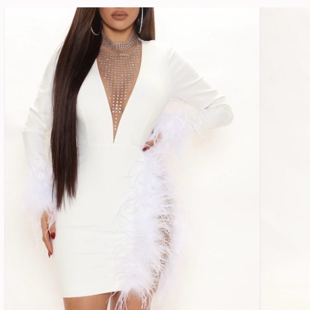 Dress Elegant White Feather Cuff Mini Dress with Crystal Plunge